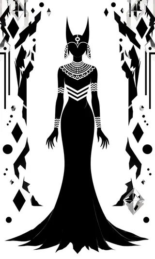 Black and white graphic illustration of a goddess-like figure with feline features, wearing a long gown and surrounded by symmetrical geometric shapes.