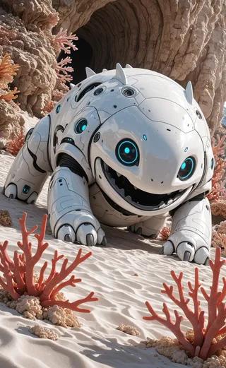 A white futuristic robotic creature with glowing blue eyes and a broad smile, crawling on a sandy surface surrounded by coral formations in a minimalistic coral, peach, and sand background.