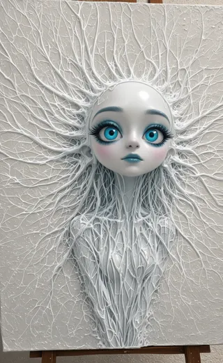 A surreal creature with glowing white skin and large blue eyes, surrounded by intricate white branch-like structures extending from its head and neck.