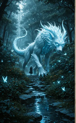 A glowing white mythical creature with radiant skin stands in a lush, mystical forest alongside a small cloaked figure, surrounded by glowing butterflies and a cascading stream.