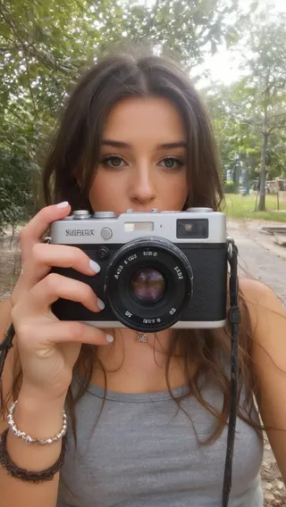 Young woman holding an analog film camera in front of her face outdoors, surrounded by greenery and natural light.