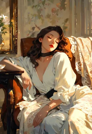 A mature woman with brown wavy hair and red lips, wearing a white dress and black lace choker, sleeping peacefully while reclining on a couch under a white lace blanket, illuminated by soft light in an impressionist watercolor style.