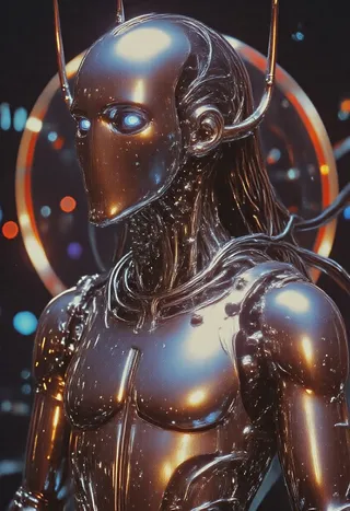 Close-up of a futuristic superhero with sleek chrome armor and glowing blue eyes, standing in front of a glowing orb with cybernetic and urban neon elements.