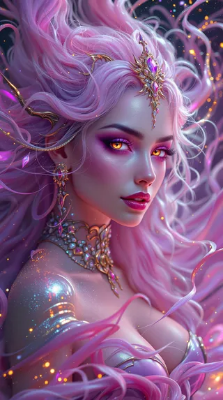 Portrait of a surreal temptress with flowing pink hair, glowing violet skin, golden hypnotic eyes, and ornate magical jewelry against a swirling dreamscape background.