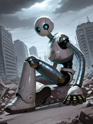 A female robot with white body and metal arms, glowing blue eyes, sitting on rubble in a ruined urban apocalypse cityscape under dark cloudy sky.