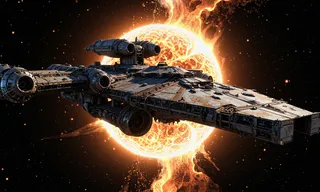 Massive ancient starship with worn metallic surfaces floating in space near a glowing, erupting supernova with stars scattered in the background.