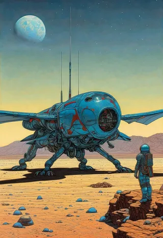 A detailed blue robotic dragonfly with metallic reflections and visible cockpit stands on a desert floor with scattered blue rocks, vertical mountains in the distance, a moon rising against a clear sky, and a blue astronaut observing it.
