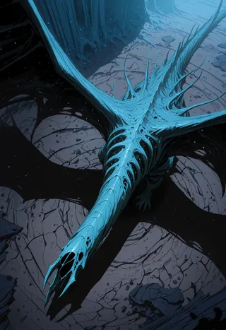 Close-up top view of an eldritch, faceless giant monster with futuristic, spiked blue wings casting shadows over a cracked, broken terrain with particles and dark void elements around.
