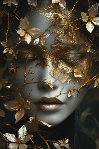 A serene feminine face with pale porcelain skin adorned with intricate gold leaf patterns and delicate blossoms, surrounded by thin vine tendrils, set against a velvety black background.