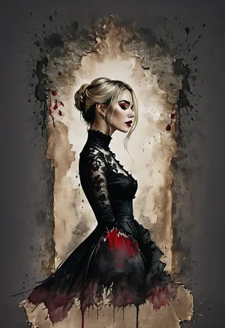 Portrait of a blonde woman in a black lace turtleneck dress with dark red lipstick and eyeliner, set in a dark, cinematic atmosphere with sharp eye focus.