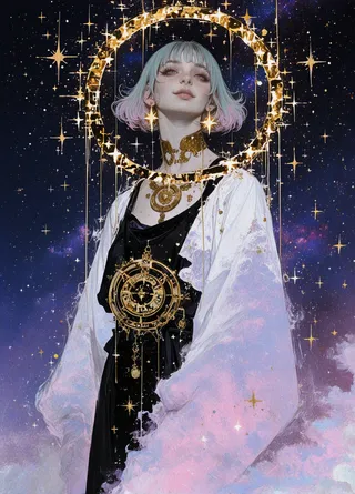 A cosmic woman with short pastel hair surrounded by a glowing golden halo and celestial jewelry, set against a starry cosmic background.