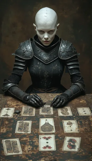 Emaciated woman with pale skin dressed in shabby black medieval armor sits at a worn wooden table, laying out cards with intense gaze.