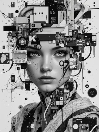 Monochrome digital portrait of a young person with detailed face surrounded by abstract electronic and geometric elements.