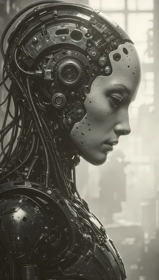 Close-up black and white photograph of a humanoid robot with a sleek, futuristic robotic helmet featuring intricate mechanical and metallic components in an industrial setting with soft diffused lighting.