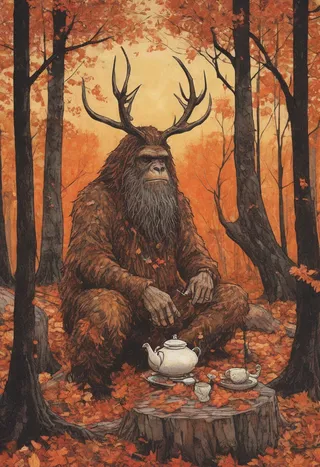 Sasquatch shaman with antlers sitting cross-legged in an autumn forest clearing, surrounded by orange leaves, holding a carved wooden cup with a teapot nearby on a tree stump.