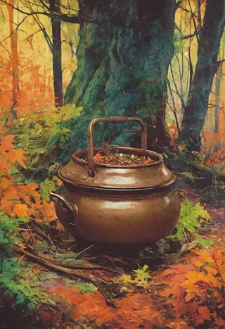 A cracked bronze cauldron filled with dried leaves and herbs, placed on the forest floor surrounded by vibrant autumn leaves and ferns, set beside a mossy tree trunk in a dark fantasy style with bold ink lines and rich colors.