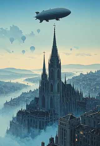 A large airship floats above a sprawling cityscape shrouded in blue haze, with a prominent gothic cathedral spire beneath and distant hot air balloons in the sky.