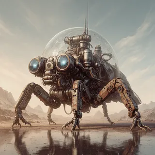 A highly detailed robotic insect-like creature made of rusty metal and mechanical components, covered by a transparent dome, standing on a barren landscape under a muted blue sky at sunset.