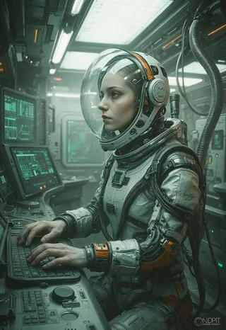 Highly detailed CGI rendering of a female astronaut in a white spacesuit with orange accents typing at a computer desk in a dimly lit futuristic space station.