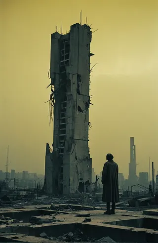 A lone figure in a long coat stands before a tall, fractured brutalist concrete tower surrounded by debris under a sickly yellow sky with radioactive haze in a desaturated, high contrast scene.