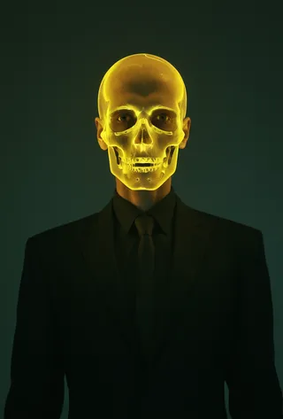 Front portrait of a man wearing a minimalist black suit with transparent skin revealing a neon-yellow glowing skull, set in a dark background with a futuristic and surreal atmosphere.