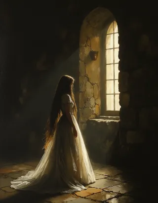 A skinny, petite gothic princess with long hair stands glowing in warm light inside a medieval stone church, painted in Rembrandt style.