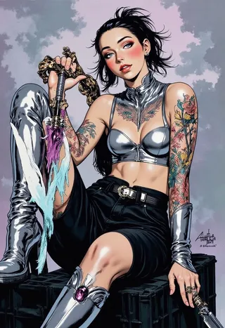 Digital fantasy comic illustration of a young woman with dark hair in a messy ponytail, wearing a reflective chrome crop top, high-waisted black shorts, and knee-high chrome boots, holding an ornate sword with a glowing icy-cyan blade, featuring colorful tattoos on her arms and leg, seated on black crates against a storm-gray and lavender gradient background.