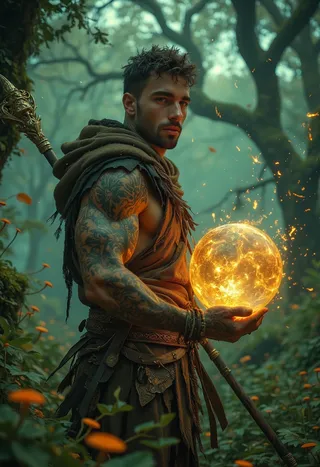 A muscular young man with spiky hair and Celtic tattoos holding a glowing amber magical orb in a dark, foggy forest, surrounded by swirling leaves and flames.