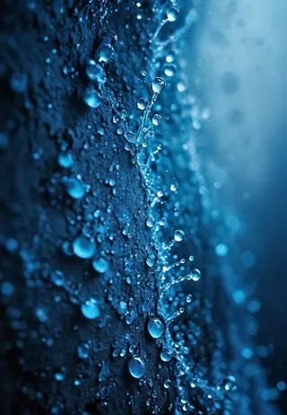 Close-up macro shot of water droplets on a rough surface with electric blue color tones, captured with sharp focus and detailed high quality textures in a foggy, damp environment.