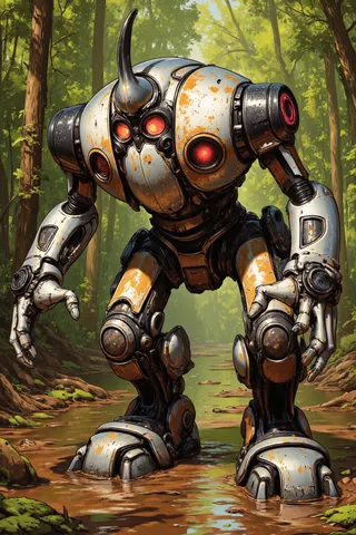 A futuristic robotic mech with a rusted metallic exterior and glowing red eyes stands in a swampy forest surrounded by tall trees and muddy water.