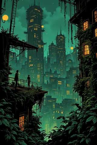 A Cyberpunk Noir style rooftop garden atop a futuristic skyscraper, featuring lush greenery, glowing neon orbs, and deep shadows against a muted city skyline.