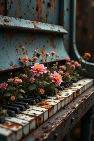 A close-up of a rusty, antique upright piano with pink and white flowers growing intricately between slightly worn and stained keys, under soft lighting and shallow depth of field.