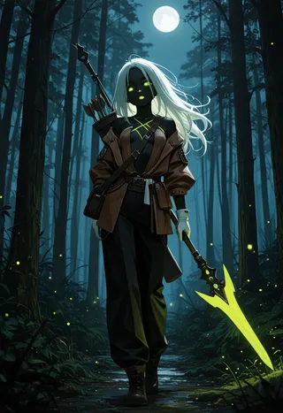 A thin woman with black skin and glowing green eyes and lips, white disheveled shoulder-length hair, wearing a brown jacket and black pants, holding a glowing green spear, standing in a moonlit forest with a bow and quiver on her back.