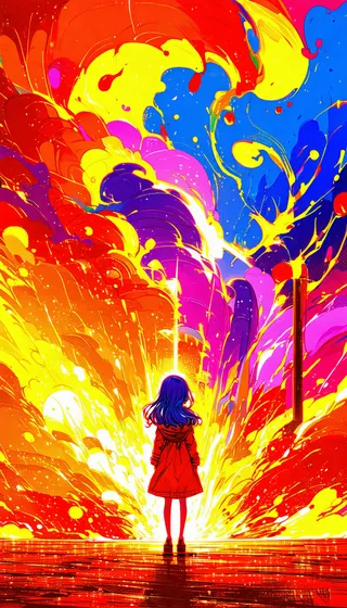 Anime girl with blue hair wearing a red coat standing before a vibrant, abstract explosion of colors including yellow, red, purple, and blue in a pencil style.