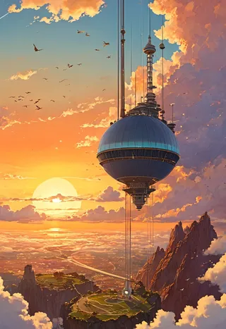 A massive space elevator connecting the Earth’s surface to an orbital ring during a golden sunset, rendered in a warm, hand-painted Studio Ghibli inspired style with floating islands, detailed clouds, and birds flying nearby.
