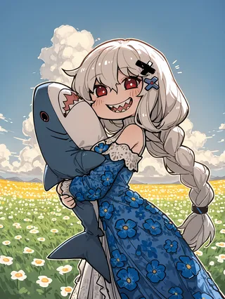 Happy cartoon girl with braided white hair and sharp teeth hugging a stuffed shark, wearing a blue flower dress in a sunny flower field under a blue sky with clouds.