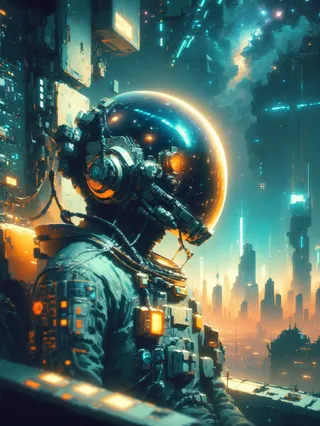 Cyberpunk astronaut with illuminated space helmet in a futuristic city under dramatic lighting