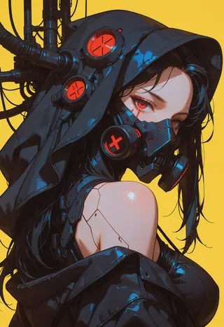 Cyberpunk girl wearing a black hood and gas mask with red eyes, mechanical elements on hood, on a yellow background