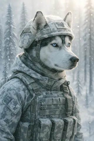 Photorealistic image of a Siberian husky wearing snowy camouflage spec-ops gear in a snowy pine forest with glints of light.