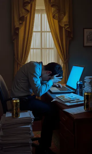An office worker slumped over a glowing laptop, surrounded by tall stacks of reports and golden-colored energy drink cans, illuminated by laptop blue light and warm baroque curtains.