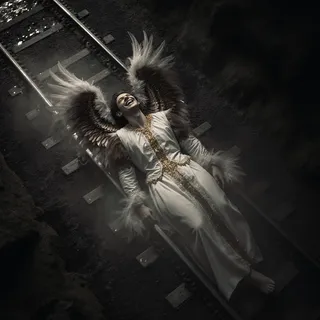 A laughing ethereal male elf with large feathered wings dressed in a white and gold intricate garment reclines on dark apocalyptic railway tracks enveloped in ground fog and shadow.