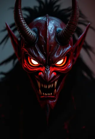 A high-contrast portrait of a Japanese oni demon mask glowing with fiery eyes, with sharp horns and fangs, lit by dramatic LED light.