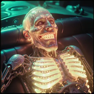 A glowing, bioluminescent decrepit cybernetic man reclining and grinning with a transparent chest showing illuminated rib-like structures in a dark, moody environment.