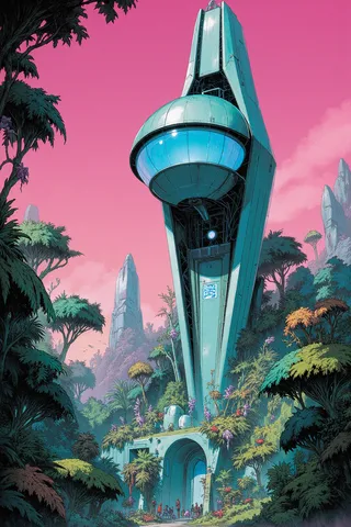 A sleek futuristic skyscraper set in a lush jungle with vibrant flora and fauna under a magenta sky, featuring a glowing teleportation pod.