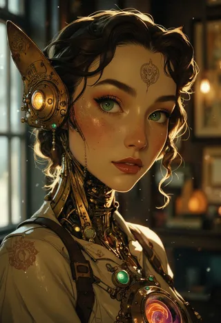 Highly detailed digital painting of a steampunk cyborg girl named Fi, featuring mechanical ears with emerald highlights, cosmic galaxy within her chest, and cinematic lighting.