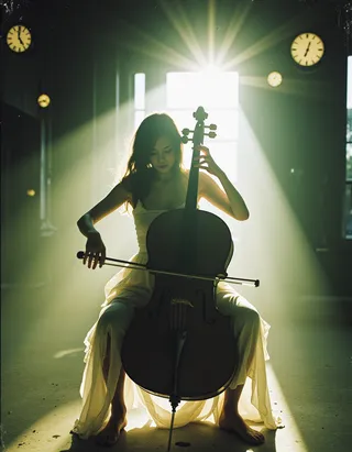 35mm full-body photograph of a barefoot woman playing cello in a misty, vintage atmosphere with cinematic lighting and glowing clock elements.