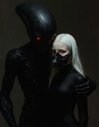 A young teen girl with pale translucent skin, white hair, and blue eyes wearing a sleek black Iron Man suit and a futuristic gas mask, embraced by a black-skinned alien with glowing red eyes inside a dark spaceship.
