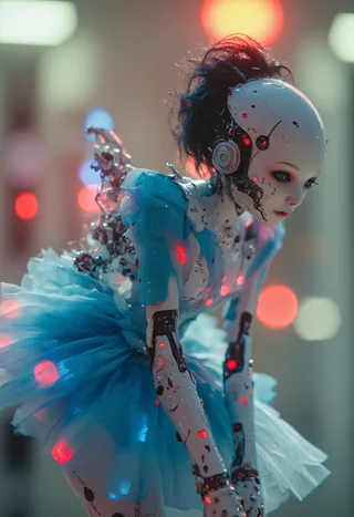 A cyber mecha robot wearing a blue tutu with glowing red and blue lights, depicted in a cyberpunk cinematic style with soft background bokeh.