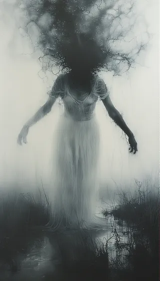 A ghostly female figure in a pale white dress, blurred and ethereal, standing in a misty swamp with dark, abstract, and surreal tones.