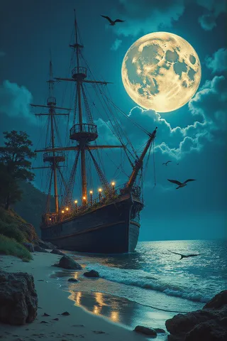 An old pirate ghost ship stranded on a deserted wild beach at night illuminated by a large glowing full moon, with seagulls flying and dramatic lighting reflecting on the water.